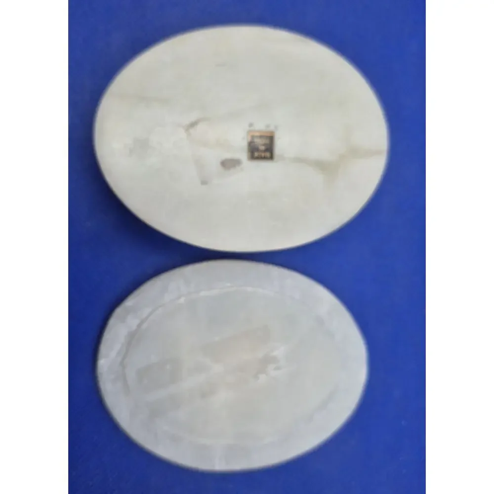 Vintage Mother of Pearl Inlay Alabaster Lidded Oval Trinket Box 4.25x3